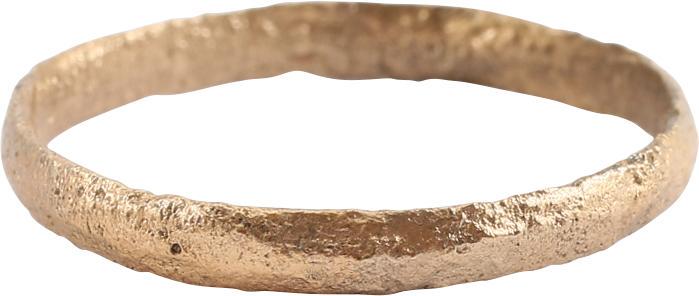 VIKING WOMAN’S WEDDING RING, 866-1067 AD SIZE 7: Gilt bronze, size 7, with rounded face. 2.4mm width. Surface textured from burial and restored in 24karat gold. Vikings exchanged rings on the pommel of the groom’s sword. Gift boxed with a certific