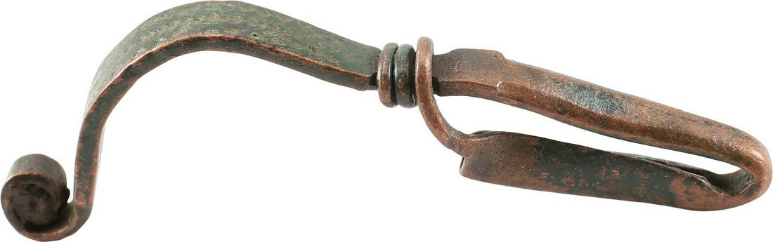 ANCIENT GREEK BROOCH (GARMENT PIN) FIBULA 3-1 CENT BC: No Reserve! The original garment pin patented two millennia later as the “safety pin”. Arch form with medieval ring. The pin seat intact. These served as a fashion accessory as well as a garment f