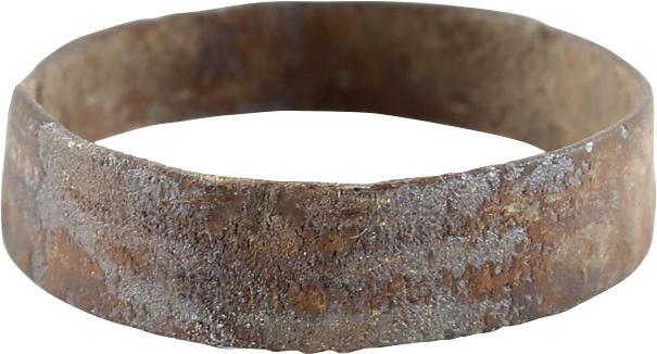ANCIENT VIKING WEDDING RING C.850-1050 AD JEWELRY SZ 8: No Reserve! Bronze, Size 8 3/4. Flat face band 4.1-5.3mm width. Tapered with a step ate the joint. Double stipple bands flaking a group of ciphers. As found, the surface lightly encrusted from burial