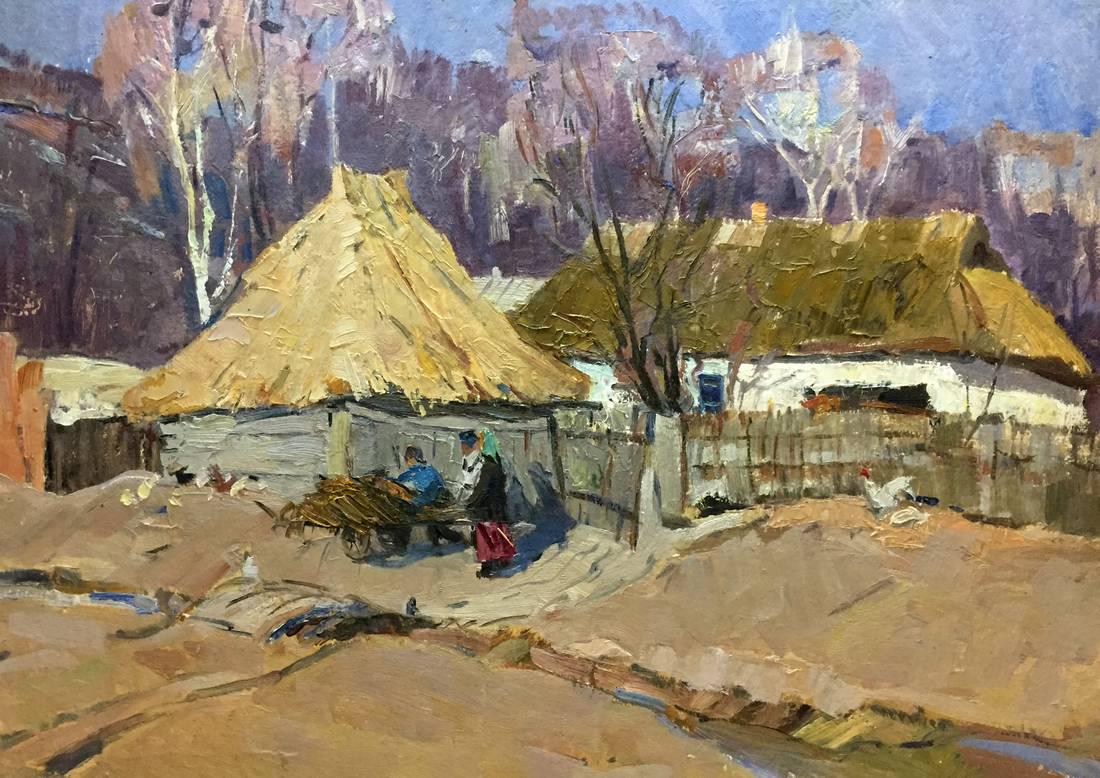 Oil painting Ukrainian houses: *** ABOUT THIS PAINTING *** * TITLE: "Ukrainian houses" * SIZE: 50?69.5 cm/'19.68?27.16 inches' * MEDIUM: oil, cardboard * HAND PAINTED: Original painting from our collection * CERTIFICATE OF AUTHENTI