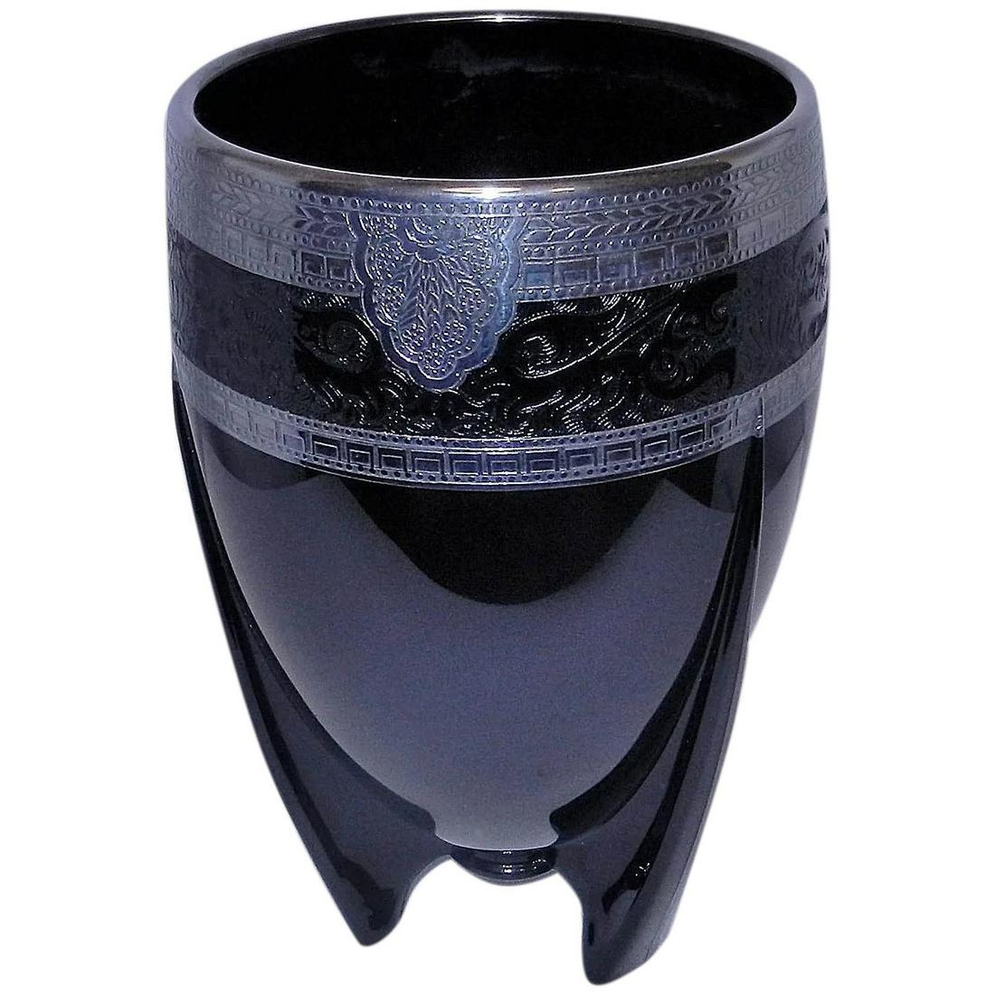 Vintage 1920’s Black Glass Art Nouveau Art Deco Rocket: This Exquisite 1920’s Black Glass Art Nouveau Art Deco Rocket Vase with Sterling Silver Overlay is in Excellent Condition. NO chips, cracks or flea bites. Silver is in great condition. Very decorati