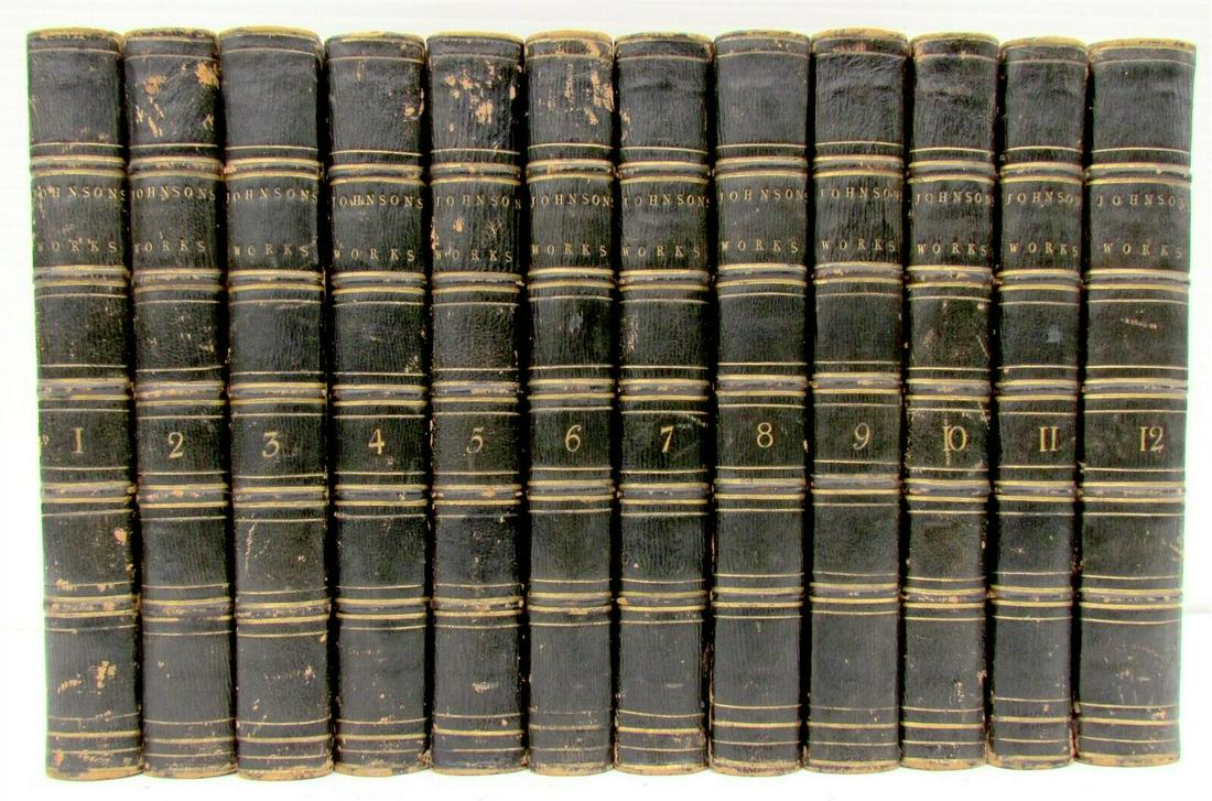 1796 12 VOLUMES SET by SAMUEL JOHNSON antique: Johnson, Samuel. Works. To Which is Prefixed An Essay... By Arthur Murphy, Esq. Engraved portrait frontispiece. 12 volumes. 8vo (5 3/4 by 8 3/4") 19th-century calf-backed boards lettered and ruled in 