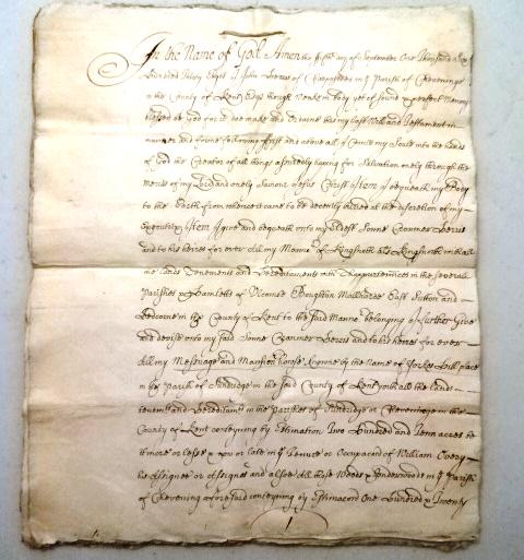 1638 English Manuscript Will Kent (1 of 4)