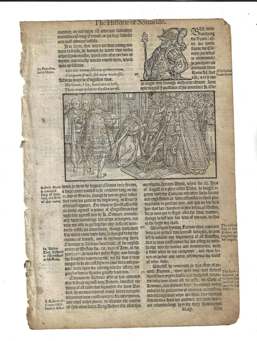 1577 Holinshed Woodcut Leaf Robert Bruce Crowned (1 of 2)