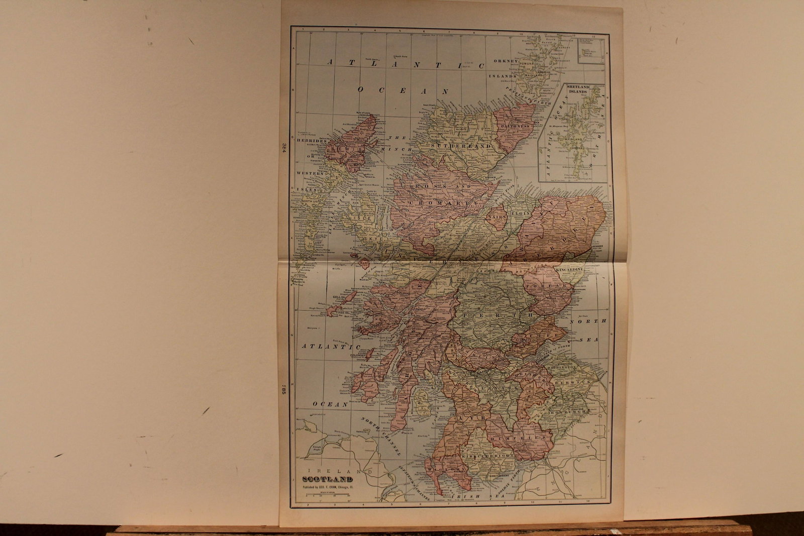 1897 Map of Scotland: Author: Cram Title: 1897 Map of Scotland Medium: Ink on Paper Dimensions: 14.5"X 21.5" Map of Scotland dated 1897. Engraved and published by George Cram in Chicago. Part of his World Atlas. Double fol