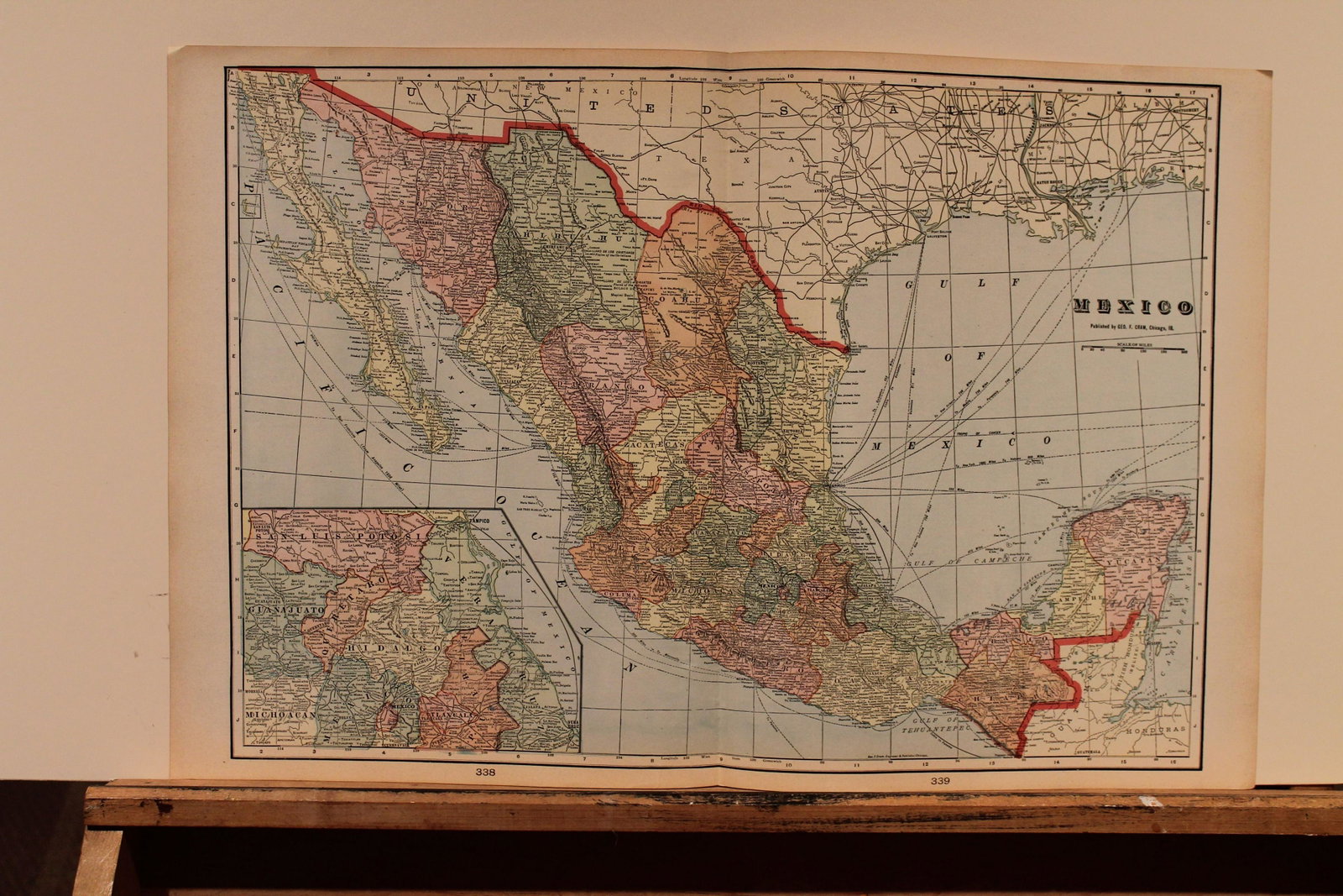 1897 Map of Mexico: Author: Cram Title: 1897 Map of Mexico Medium: Ink on Paper Dimensions: 21.5"X14.5" Map of Mexico dated 1897. Engraved and published by George Cram in Chicago. Part of his World Atlas. Double folio ma