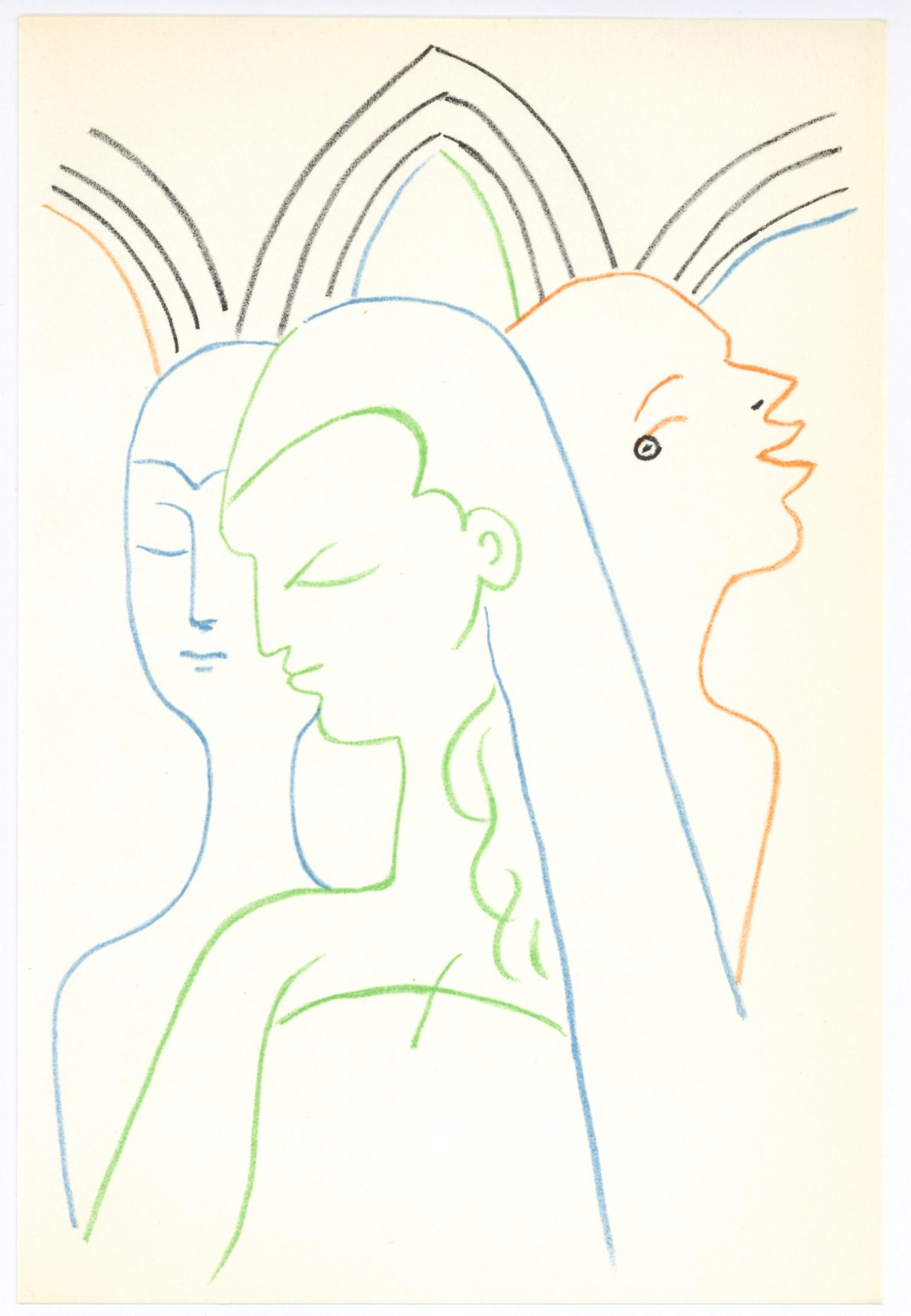 Jean Cocteau original lithograph | Knights of the Round: Medium: original lithograph. Printed in Paris in 1957 by Mourlot Freres. The total sheet measures 9 x 6 inches (225 x 152 mm). Artist, novelist, poet, playwright and film director Jean Cocteau execute
