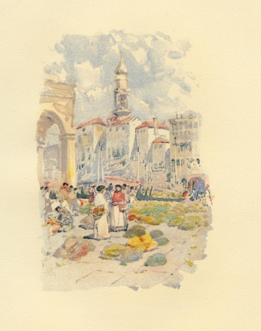 Childe Hassam chromolithograph "The Rialto" | Venice: Medium: chromolithograph (after the watercolor). This delightful antique lithograph was published in a small edition in 1892 to illustrate a rare volume with scenes of Venetian life. A beautiful, rich