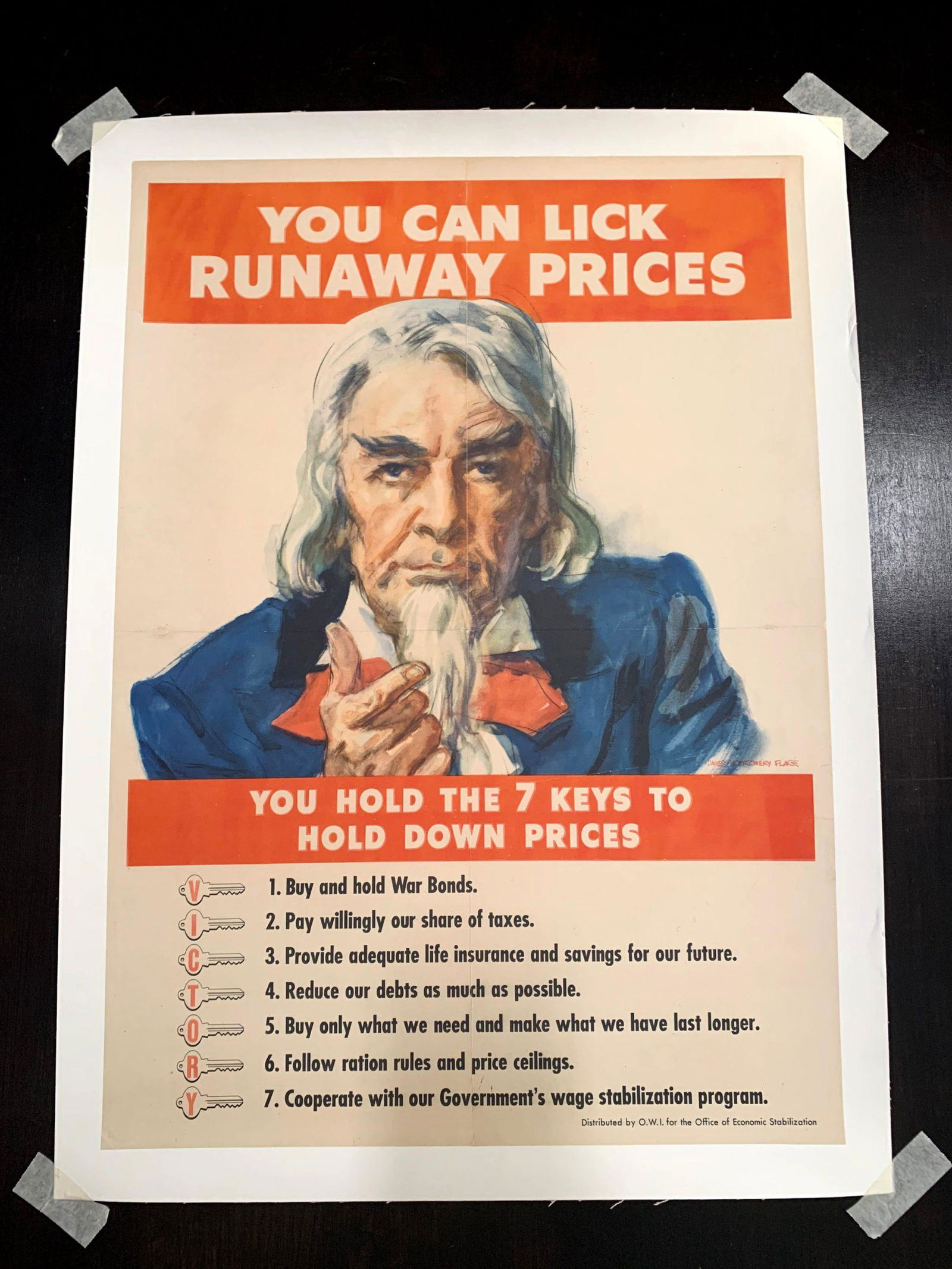 You Can't Lick Runaway Prices - Art by James Flagg: You Can't Lick Runaway Prices - Art by James Flagg (1945) 18" x 24.5" WW2 US War Bond Poster LB Reserve: $220.00 Shipping: Domestic: Flat-rate of $22.00 to anywhere within the contiguous U.S. Internat