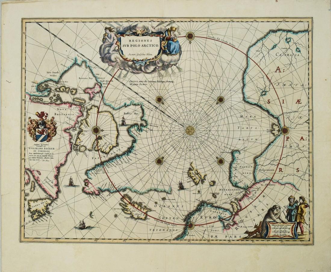 1644 Blaeu Map of the North pole Region -- Regiones Sub: Title/Content of Map: 1644 Blaeu Map of the North pole Region -- Regiones Sub Polo Arctico Cartographer: W Blaeu Year/Place: 1644, Amsterdam Size: 16.1 X 20.8 in. This is an important early map of the