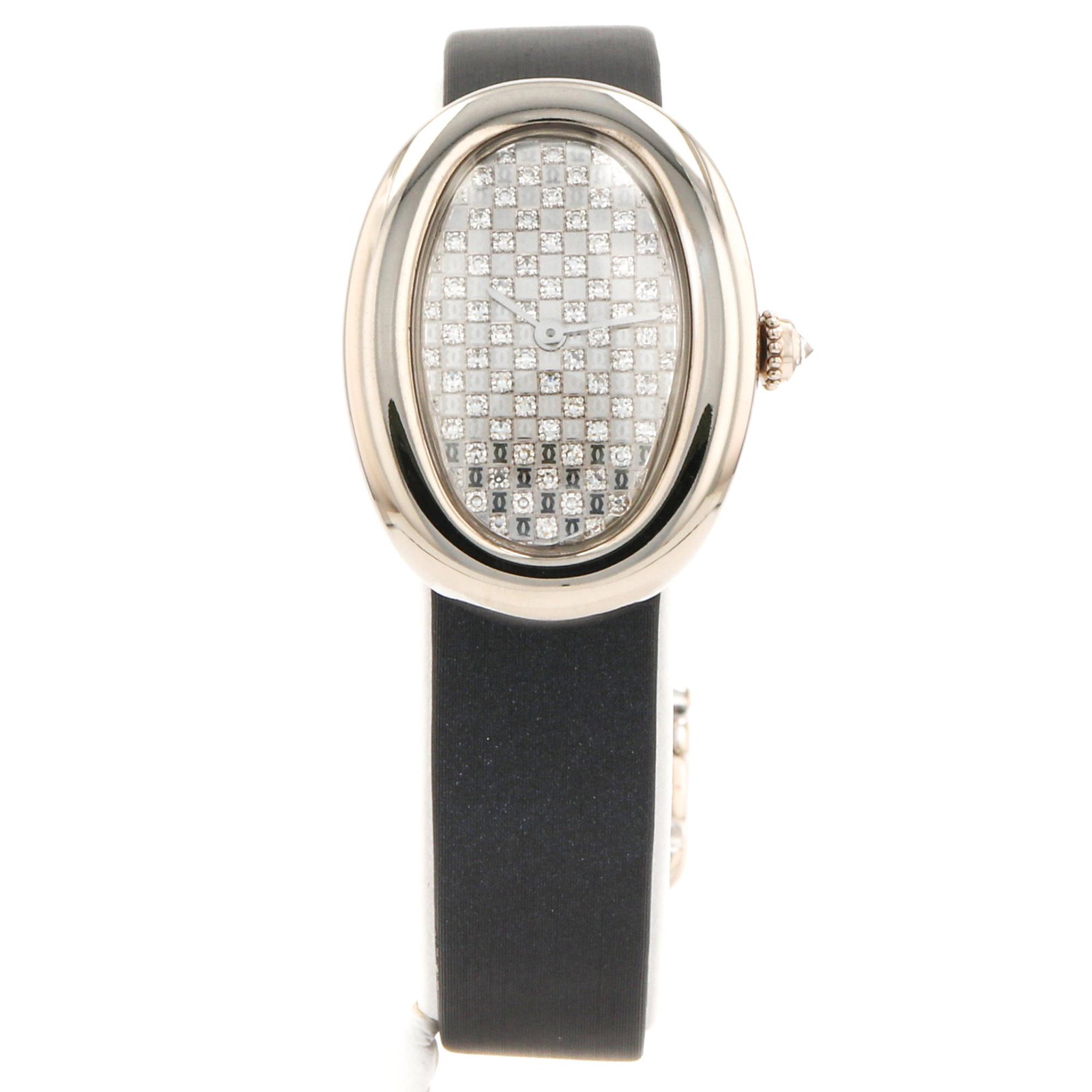 Cartier Bagnoire 1955 23x31mm White Gold -Pave Diamond: Pre-Owned Cartier Bagnoire, Reference: 1955, Year: 1990's. 23x31mm White Gold Case, White Gold Bezel, Factory Diamond Dial, Leather strap with Factory 18k Deployment Buckle. Quartz Movement, Function(