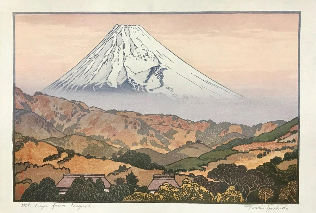 Toshi Yoshida (1911-1995): Mt Fuji From Nagaoka (pink: Title: Mt Fuji From Nagaoka (pink Sky Version) Artist: Toshi Yoshida (1911-1995) Medium: Atozuri woodblock Print Size: The print image measures 8 1/4 x 12 1/4 inches plus margins. Reserve: $260.00 Shi