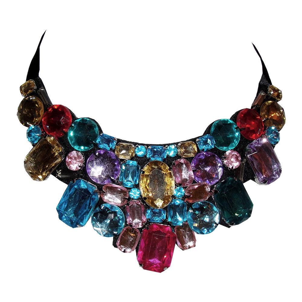 New Multi Colored Rhinestone Bib with Ribbon Necklace (1 of 4)