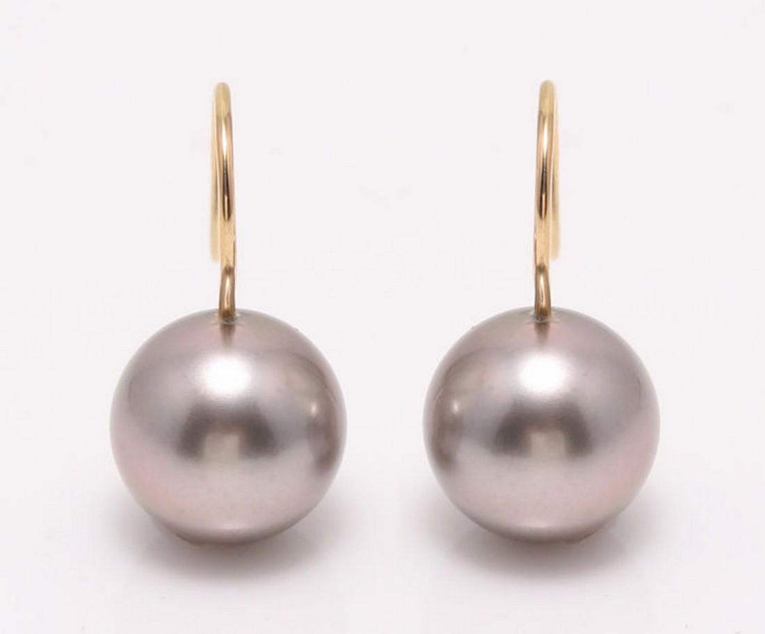 18 kt. Yellow Gold - 11x12mm Round Tahitian Pearls -: Title: 18 kt. Yellow Gold - 11x12mm Round Tahitian Pearls - Earrings Description: Emerging from the tropical lagoons of French Polynesia, these Tahitian pearls have been hand selected for their natura