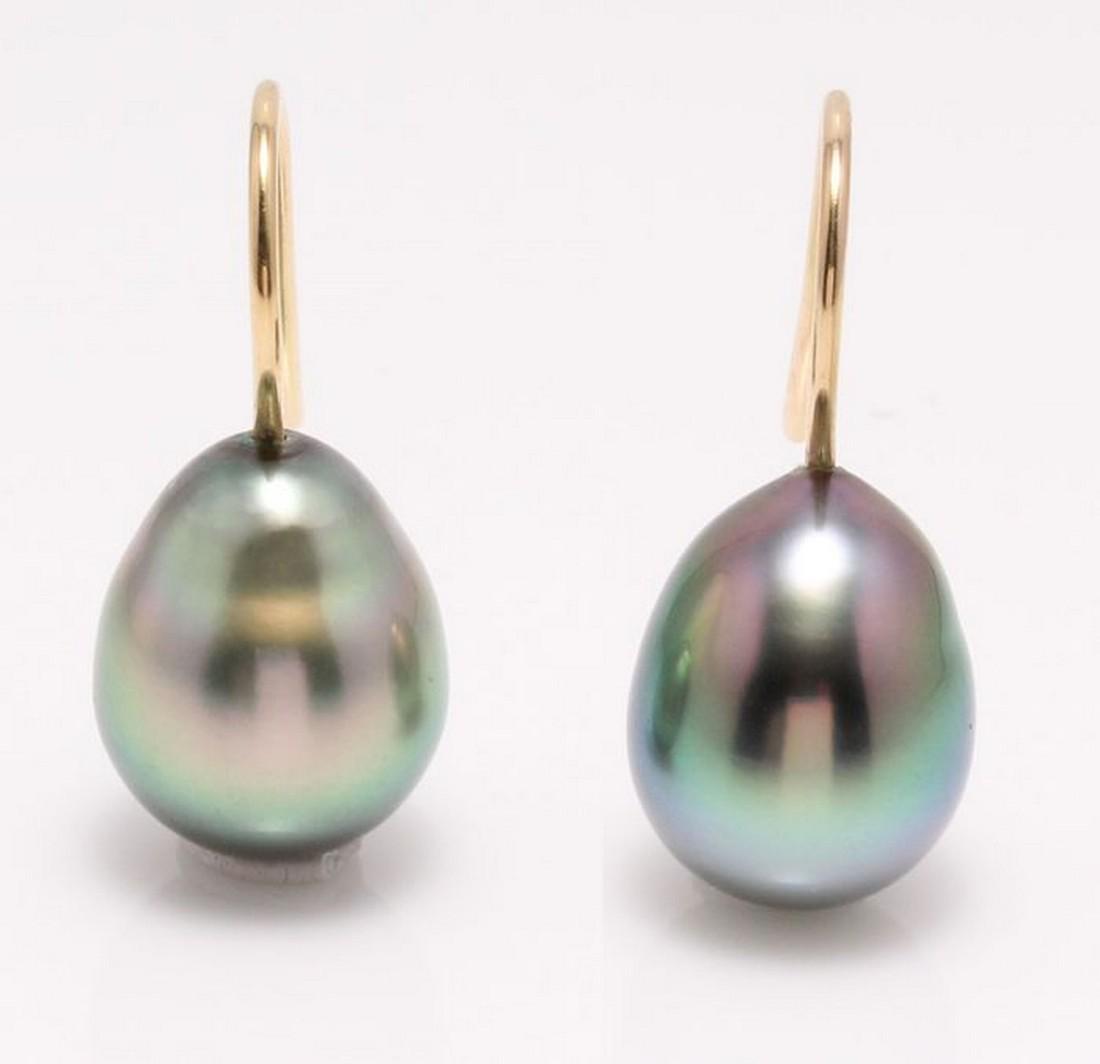 18 kt. Yellow Gold - 9x10mm Peacock Tahitian Pearl: Title: 18 kt. Yellow Gold - 9x10mm Peacock Tahitian Pearl Drops - Earrings Description: Emerging from the tropical lagoons of French Polynesia, these Tahitian pearls have been hand selected for their 