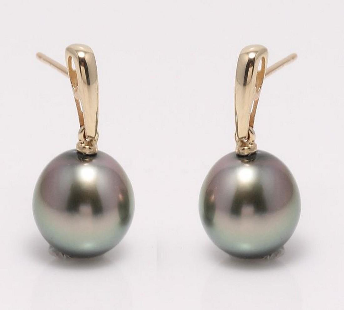 14 kt. Yellow Gold - 10x11mm Peacock Tahitian Pearl: Title: 14 kt. Yellow Gold - 10x11mm Peacock Tahitian Pearl Drops - Earrings Description: Emerging from the tropical lagoons of French Polynesia, these Tahitian pearls have been hand selected for their