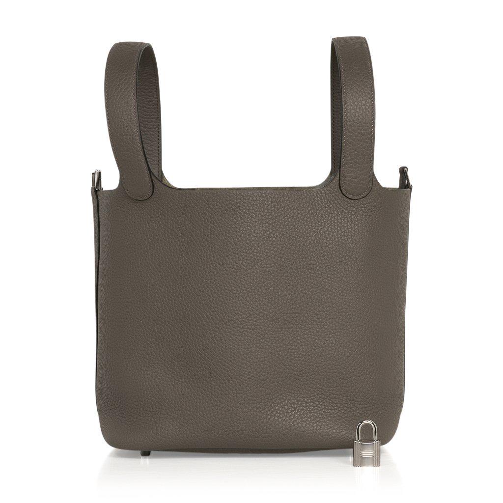 Hermes Picotin Lock 22 Bag MM Etain Palladium Hardware: Guaranteed authentic Hermes Picotin Lock 22cm Etain in Clemence leather. Fresh with palladium hardware. This roomy small tote is a perfect go to bag! Comes with Signature Hermes box, lock, keys and sl