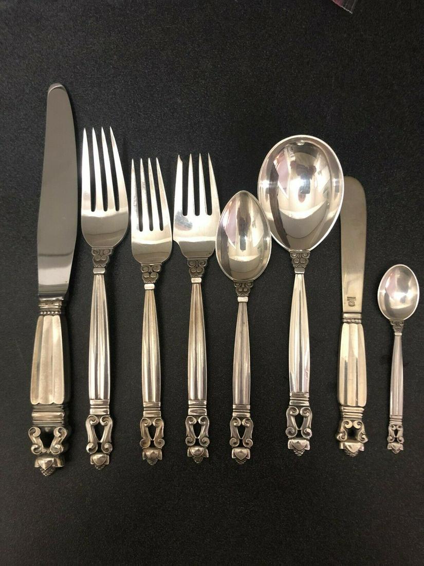 Georg Jensen Acorn Sterling 44 Piece Lot No Monogram: The Photos are part of the description 4 dinner knives 9/18" 4 dinner forks 9 3/8" 12 forks 6 5/8" 4 salad forks 6 1/2" 10 teaspoons 5 5/8" 4 gumbo soups 6 5/8" (one spoon Jensen mark rubbed out) 2 bu