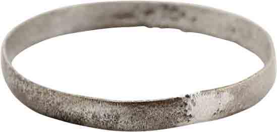 VIKING WEDDING RING, LATE 9TH-EARLY 11TH CENT AD SZ 5 ¼: Late 9th-early 11th century AD. Silvered bronze, size 5 1/4 for the small finger as was the custom. Narrowband, 2.0mm. Textured from burial and professionally refurbished with the pure silver overlay