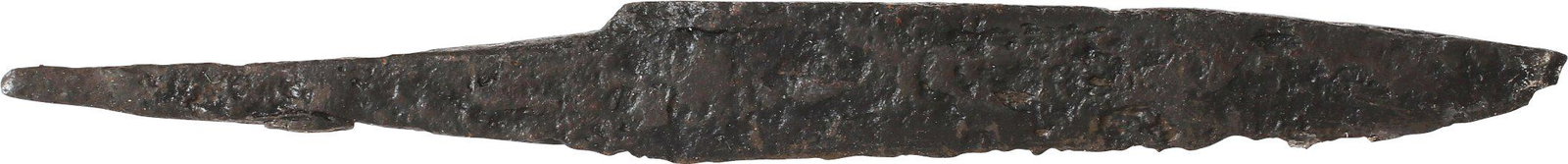 ANCIENT VIKING POUCH KNIFE, 9th-11th CENTURY: Just over 3 1/4” total length. Thick section for slashing. Straight back with a distinct down curved points in the scramseax fashion. Whittle tang, to secure it to the wood, bone, or antler grip, no