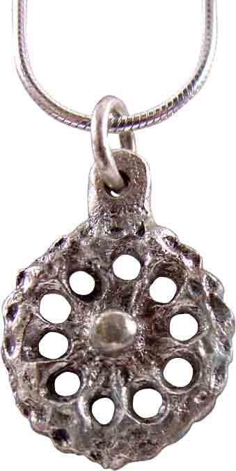 ROMAN WHEEL OF FORTUNE NECKLACE PENDANT C.100-450 AD: Under 5/8” diameter. Wheel form with a scalloped edge. Raised central circle with ten spokes. The concept of the Rota Fortunae, the Wheel of Fortune, dates back millennia with the Roman goddess Fort