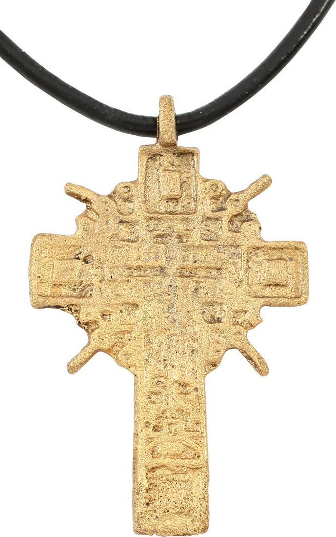 FINE EASTERN EUROPEAN CHRISTIAN CROSS 17-18 CENT: Fine example, over 1 ¾” height with relief modeled cross on intricately detailed raised edge cross base. Blocks to each beam terminal and delicate Gothic scrolls surrounding the beam intersection. 
