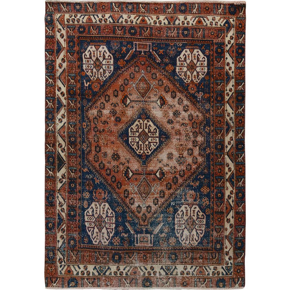 Honey Brown Cropped Down Persian Shiraz Pure Wool Hand: Title: Honey Brown Cropped Down Persian Shiraz Pure Wool Hand Knotted Rug Origin: IRAN (Islamic Republic of Iran) Size/Format: Exact Size: 5'0" x 6'7" Material: Worn Wool, Cotton Year:2018 and above D