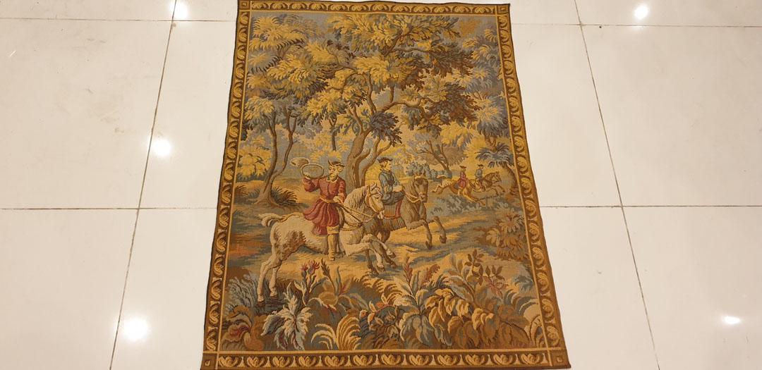 Antique French Aubusson Tapestry 2 horses: Title: Antique French Aubusson Tapestry 2 horses Description: 2 Horses Aubussion Tapestry in Perfect Condition Origin: France Date/Period:1880 Dimensions: 2.5 x 4 ft Material: Jackard Reserve: $70.00 