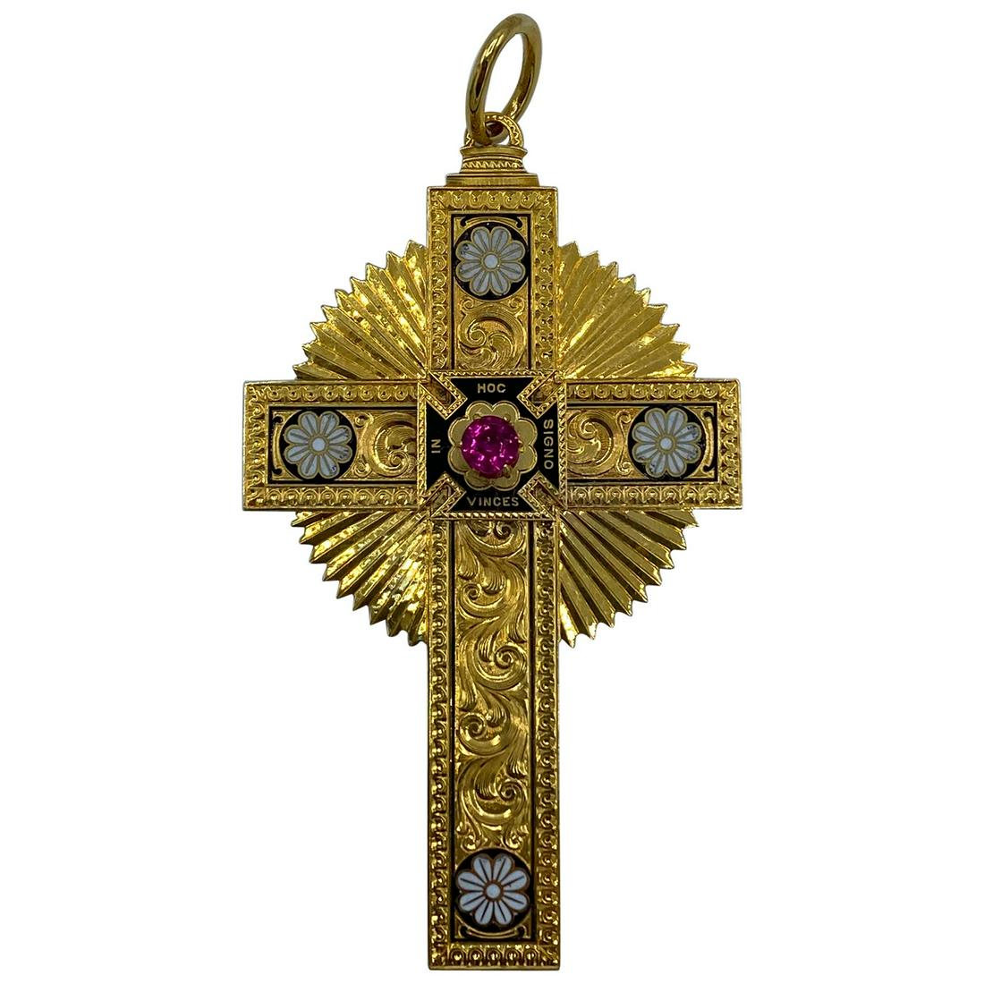 Victorian Yellow Gold and Enamel Maison Cross Pendant: Product details: Featuring 14K yellow gold, black and white enamel, floral motif design, pink tourmaline in the middle, inscription on the back. Signed CLARK and stamped 14K. Metal 14k GoldYellow Gold