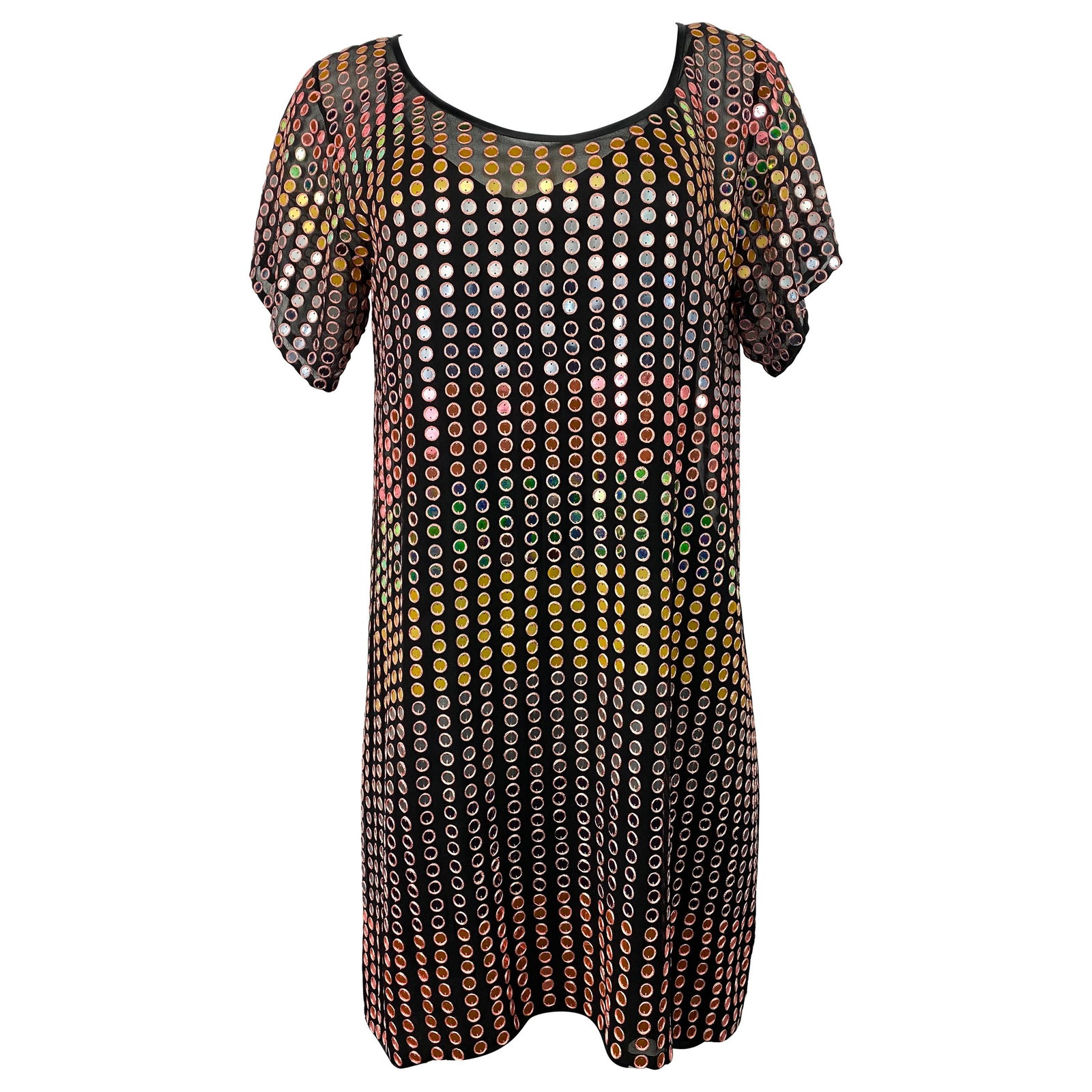 Matthew Williamson Black Silk and Multicolor Metallic: Product details: Featuring black silk dress, above the knee length, short sleeves, crew neckline with multicolored/ rainbow metallic geometric/ circle pattern design and black organic silk slip undern
