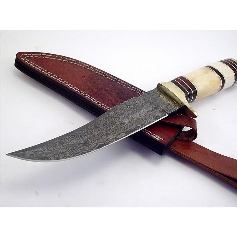 Hunting Damascus steel knife camel bone handmade: Knife "Popy" made of damask steel. Handle – camel bone, scabbard - leather. Damascus knives are very durable, look great and keep sharpness perfectly. Damascus steel has high quality contents to giv