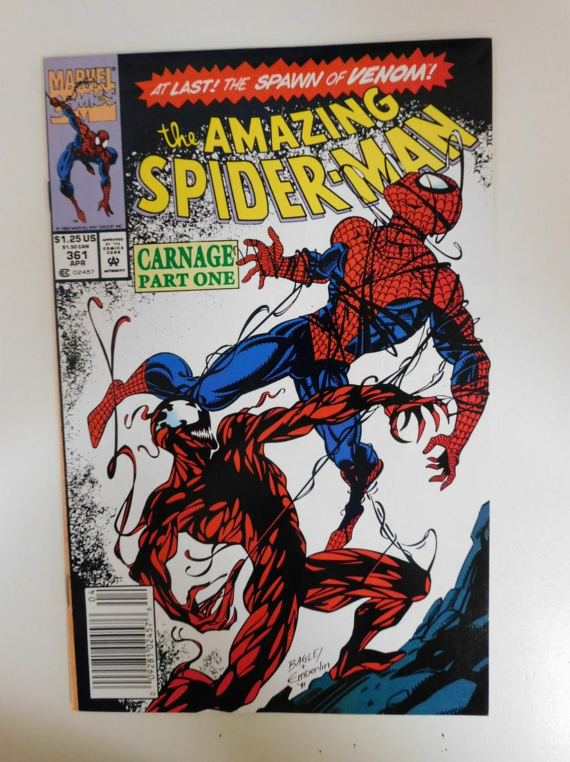 Amazing Spider-Man #361 1st Full App. of Carnage: No Reserve! Amazing Spider-Man #361 1st Full App. of Carnage. VF+ Shipping: Individual Comics: Flat-rate of $9.99 (1-8 comics) or $19.99 (9+ comics) to anywhere within the contiguous U.S. Internationa