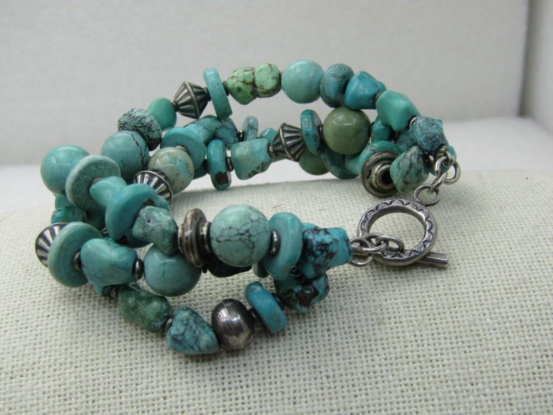 Vintage Southwestern Sterling Turquoise Triple Strand: Vintage Southwestern Sterling Turquoise Triple Strand Bracelet, 8", Toggle Clasp, Marked .925 on right of toggle and tests as sterling. Three strands with a mix of round, nugget, disc turquoise beads 