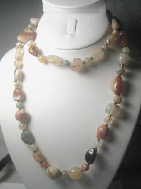Vintage Polished Agate/Hardstone 24" long Necklace,: Vintage 34" agate/hardstone necklace - 33 larger stones and more than than smaller stones and spacer beads. There are what looks like quartz, carnelian, serpentine, black, and others. It is appealing 