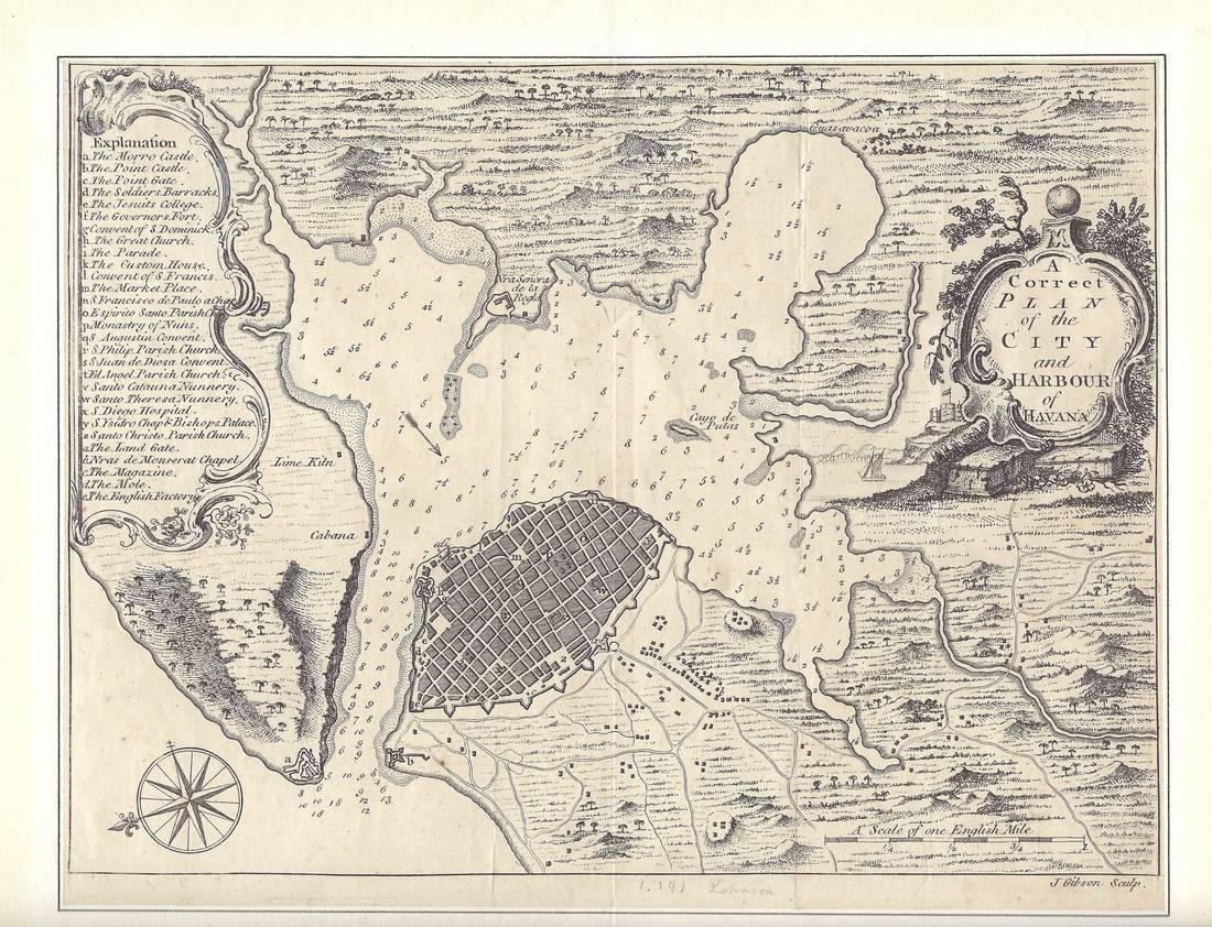 1762 Gibson map of Havana Cuba -- A Correct Plan of the: Title/Content of Map: 1762 Gibson map of Havana Cuba -- A Correct Plan of the City and Harbour of Havana Cartographer: J Gibson Year/Place: 1762, london Size: 7.1 X 9.4 in. This is a rather rare and d