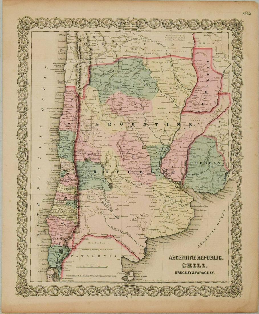 1855 Colton Map of Argentina, Paraguay, Uruguay and: Title/Content of Map: 1855 Colton Map of Argentina, Paraguay, Uruguay and Chile -- Argentine Republic, Chili, Uruguay & Paraguay Cartographer: J Colton Year/Place: 1855, New York Size: 15.7 X 12.8 in.