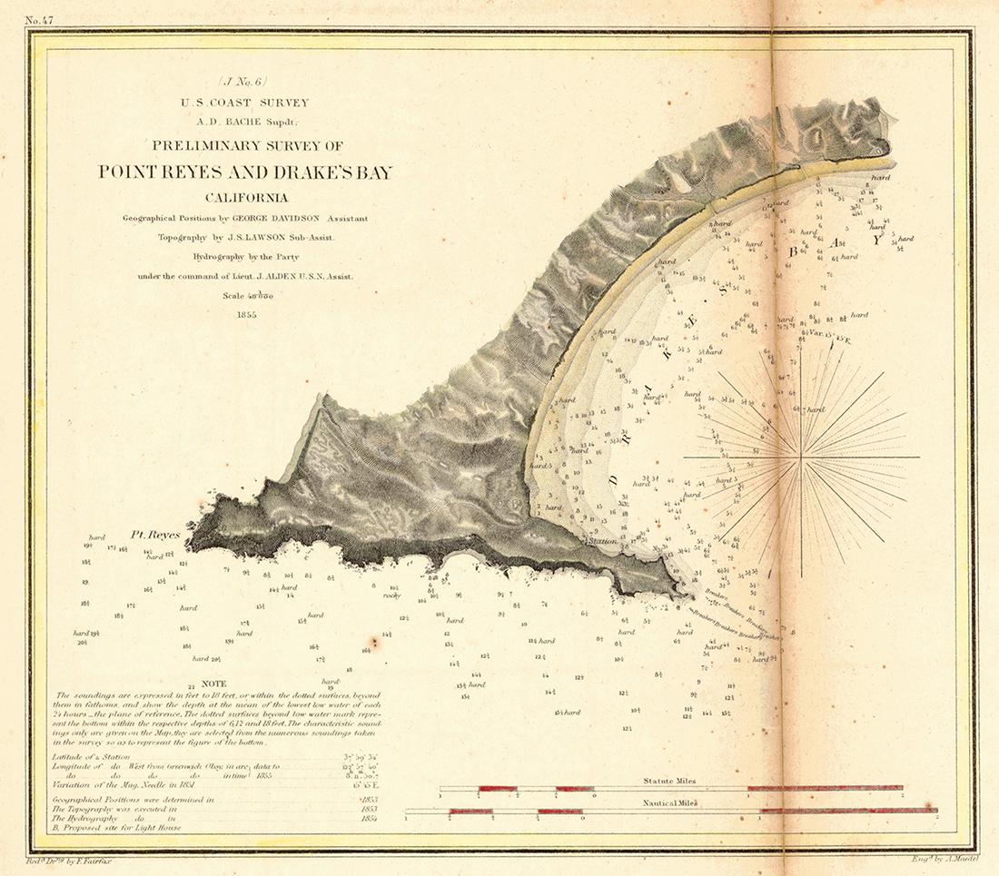 (J No. 6)Preliminary Survey of Point Reyes and Drake's: Publication Date: 1856 Title: (J No. 6)Preliminary Survey of Point Reyes and Drake's Bay California Cartographer: Bache, A.D. Publisher: CORNELIUS WENDELL Height: 8.5 Width: 9.75 "Geographical positio
