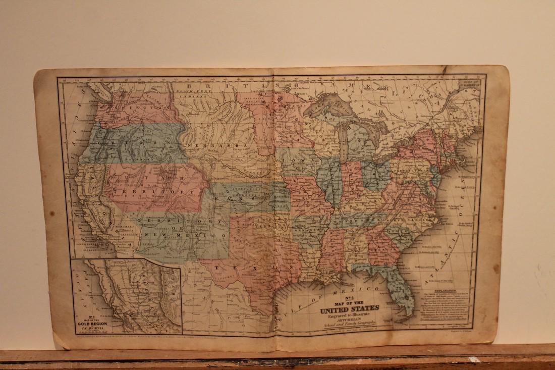 1852 Map of the US: Author: Mitchell Title: 1852 Map of the US Medium: Ink on Paper Dimensions: 19"X12" Double folio map of US dated 1852. Engaved by Augustus Mitchell. Part of Mitchell's School & Family Geography, publi