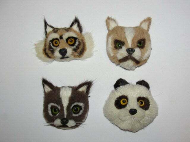 Set of Four Rabbit Fur Animal Pins Panda Cat Tiger Fox (1 of 4)
