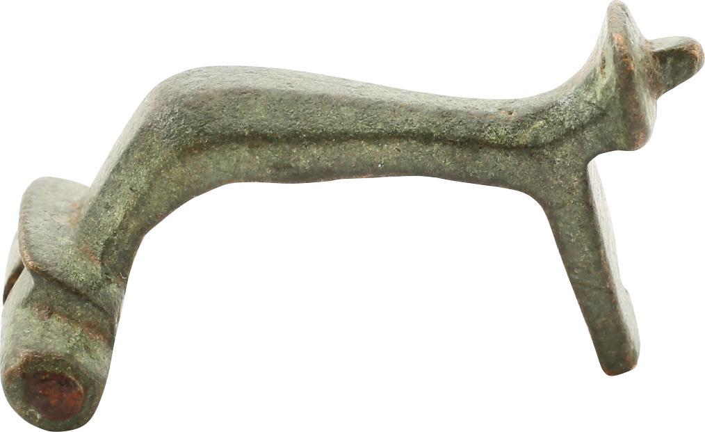 ANCIENT ROMAN BROOCH 1ST C. BC-1ST C. AD: No Reserve! Bronze, just under 1 1/4” in length, the elegant form is known as a bow fibula. Probably for a woman’s garment. Tapered frame with transverse banding and knob finial. The cross pin res