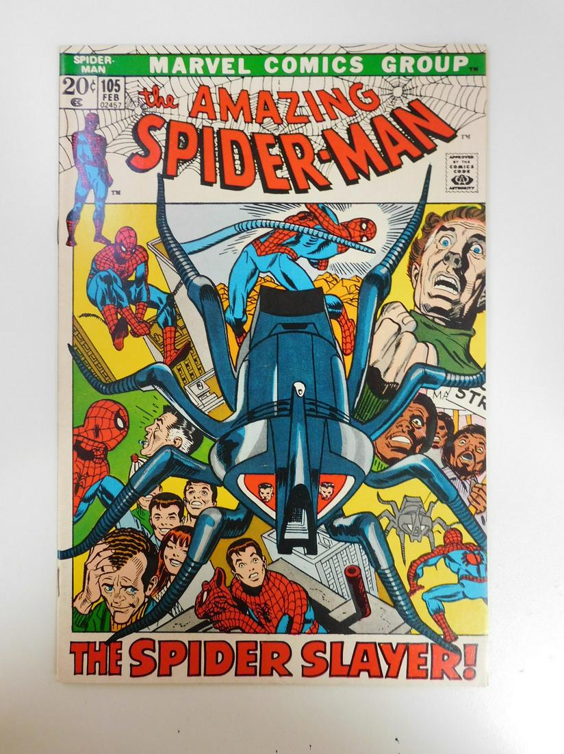 Amazing Spider-Man #105 1st App. of the Spider Slayer: No Reserve! Amazing Spider-Man #105 1st App. of the Spider Slayer robot. VG/FN Shipping: Individual Comics: Flat-rate of $9.99 (1-8 comics) or $19.99 (9+ comics) to anywhere within the contiguous U.S.