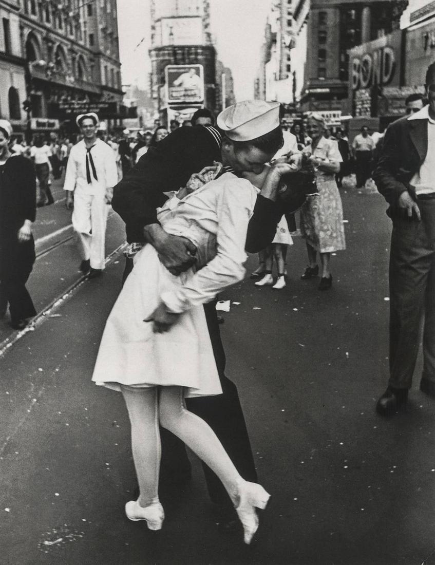 ALFRED EISENSTAEDT - V-J in Times Square, 1945: Artist: ALFRED EISENSTAEDT Title: V-J in Times Square, 1945 Medium: Photo Litho, 1999, Hong Kong Dimensions: 6.6x8.6" Description: Heat Wax Mounted on 8.5x11" Conservation Board The Story: A jubilant