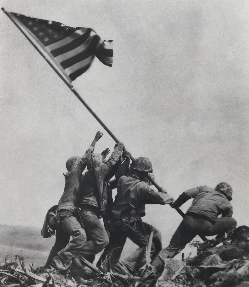 JOE ROSENTHAL - Iwo Jima, 1945: Artist: JOE ROSENTHAL Title: Iwo Jima, 1945 Medium: Photo Litho, 1995, USA Dimensions: 7x8.15" Description: Heat Wax Mounted on 11x14" Conservation Board The Story: Iwo Jima was one of a chain of isla