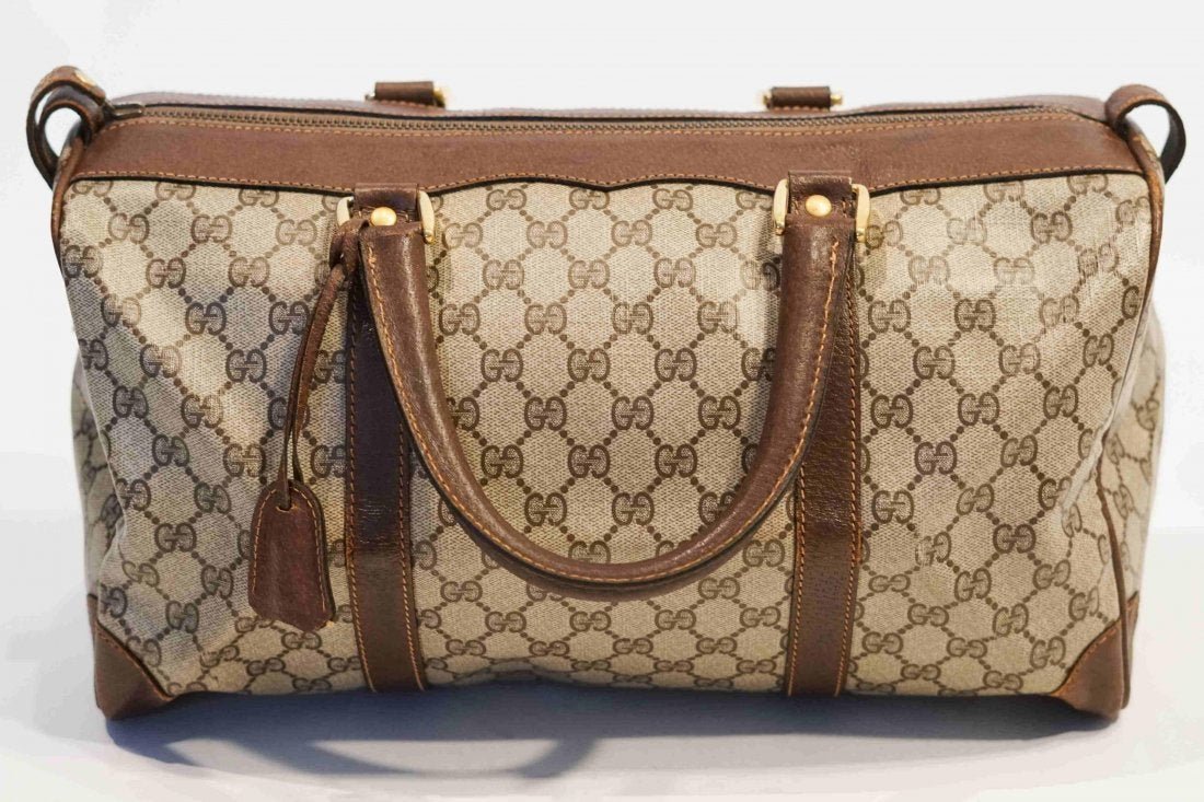 Gucci PVC Sherry Boston Bag: Title: Gucci PVC Sherry boston bag Brand: Gucci Date: 1980s Materials: PVC Measurement: L 15.2 W 6.5 H 8.5 Additional Information: Pvc boston bag with lock and keys included slight wear, overall good 