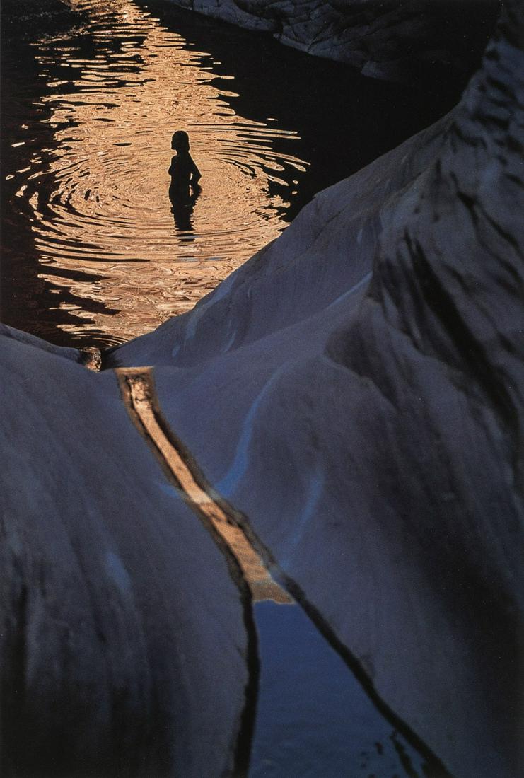 SUE BENNETT - Woman in Canyon Pool: Artist: SUE BENNETT Title: Woman in Canyon Pool Medium: Photo Litho, 2006, China Dimensions: 4.8x7.05" Description: Heat Wax Mounted on 8.5x11" Conservation Board Artist Bio: Reserve: $40.00 Shippin