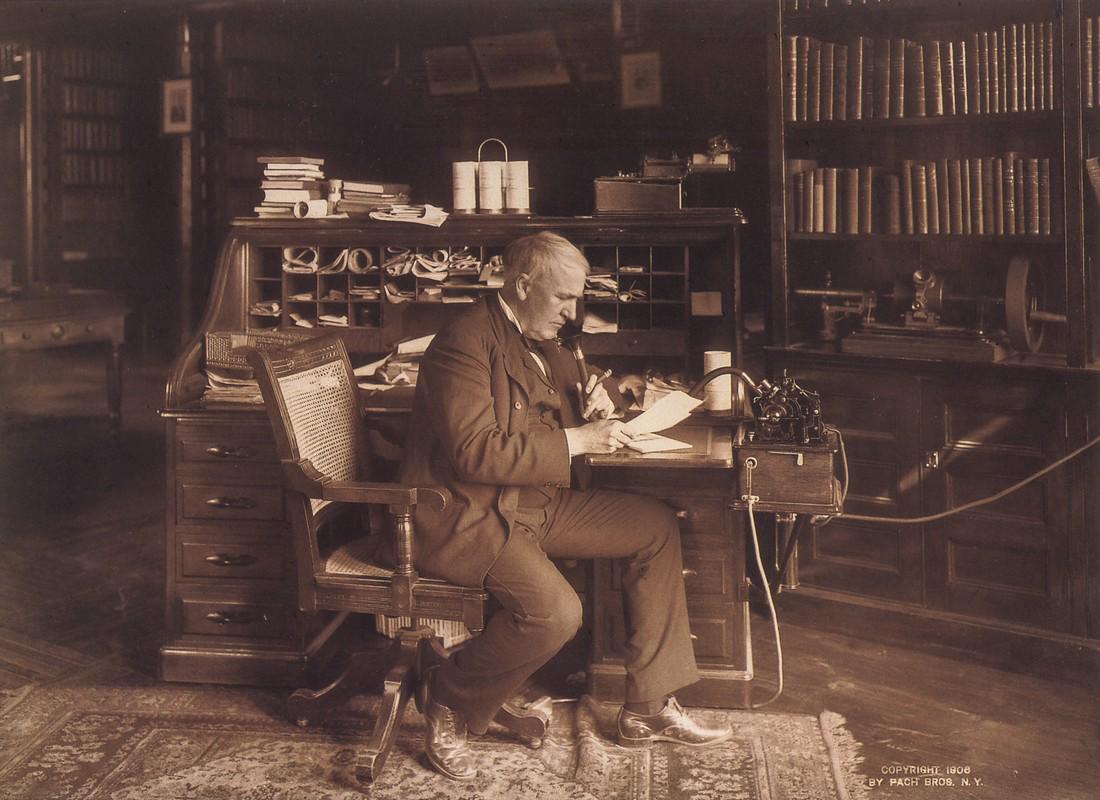 PACH BROTHERS - Thomas Edison, Prolific Inventor: Artist: PACH BROTHERS Title: Thomas Edison, prolific inventor with his Dictaphone Medium: Photo Litho, 1999, Hong Kong Dimensions: 8.55x6.2" Description: Heat Wax Mounted on 8.5x11" Conservation Board