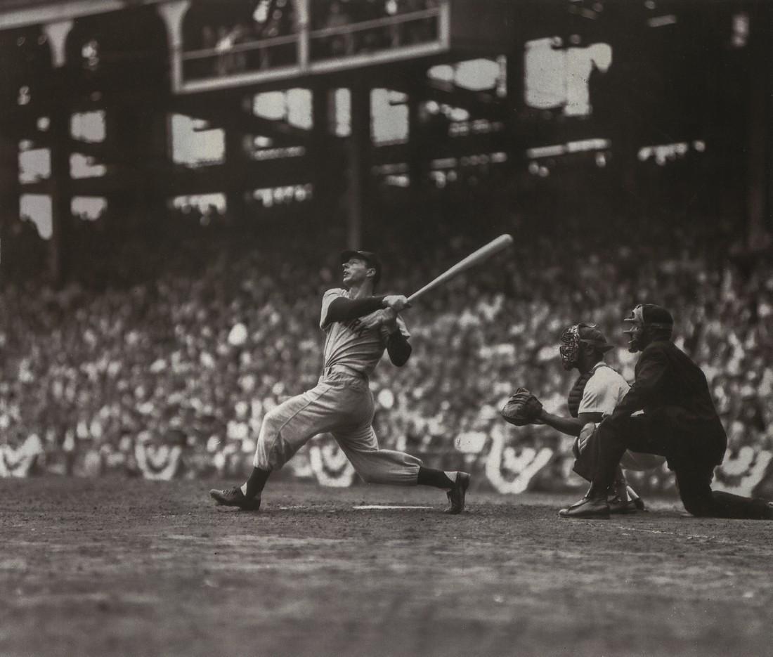 HY PESKIN - Joe DiMaggio, 1949: Artist: HY PESKIN Title: Joe DiMaggio, 1949 Medium: Photo Litho, 1995, USA Dimensions: 8.9x7.65" Description: Heat Wax Mounted on 11x14" Conservation Board Artist Bio: Hyman "Hy" Peskin was an America