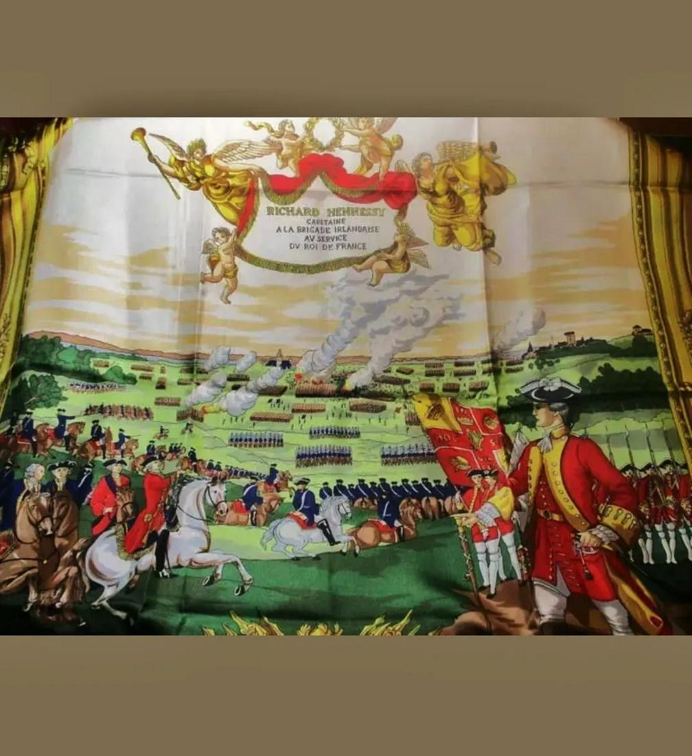 Vtg Pierre Cardin Rolled Scarf -Richard Hennessy: Beautiful Signed silk blend Scarf by Pierre Cardin , Richard Hennessy Capitaine A La Brigade Irlandaise DV service Roi De France Military Theme with Angels & Cherubs. In very good vintage condition. 3