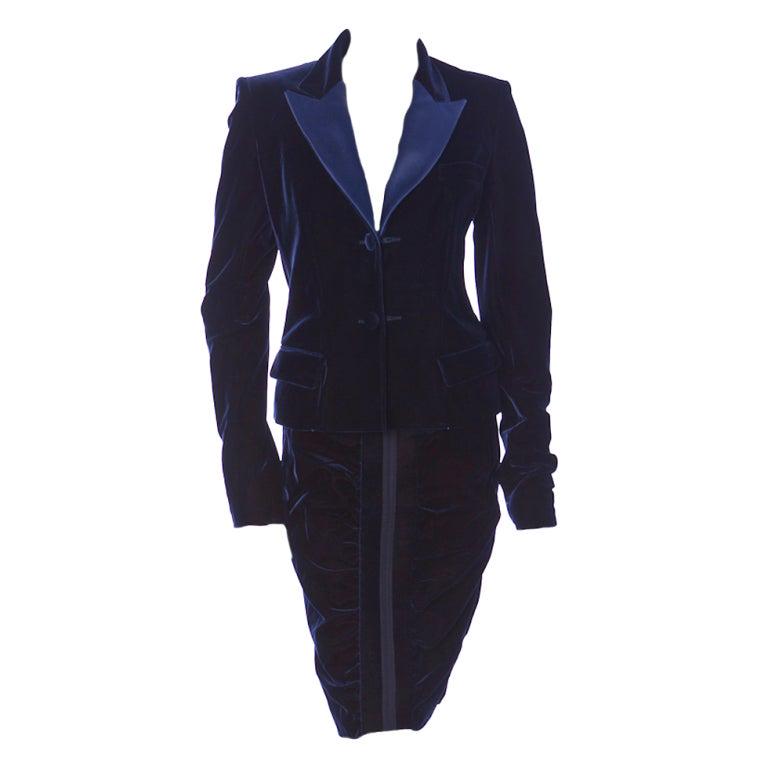TOM FORD for YVES SAINT LAURENT BLUE VELVET SUIT: TOM FORD for YVES SAINT LAURENT BLUE VELVET SUIT Autumn/ Winter 2002 ready-to-wear collection. Highly collectible. The same suit was worn by Sam Taylor-Johnson to Tom Ford's Fall/Winter 2015 show in L