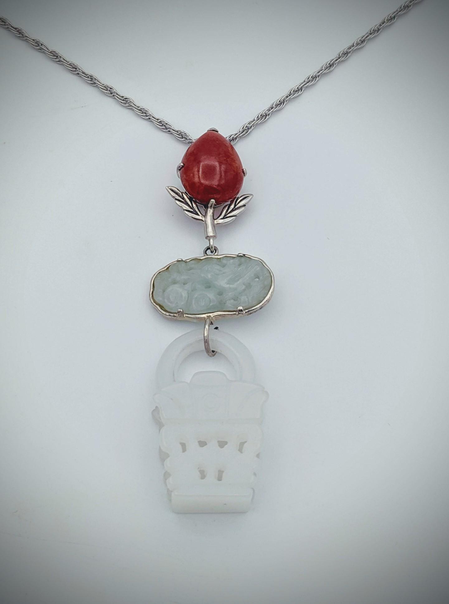 Italian Necklace & Pendant w White Jadeite, Engraved (1 of 3)